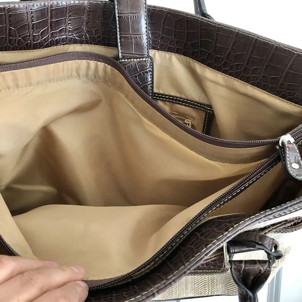 CROFT AND BARROW TOTE BAG LAPTOP BROWN/TAN SHOULDER CROCODILE & CAVANAS
